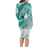Personalised New Zealand Aotearoa Darts Masters Long Sleeve Bodycon Dress Maori Art Tattoo with Tribal Dart Symbol Teal Color - Polynesian Pride