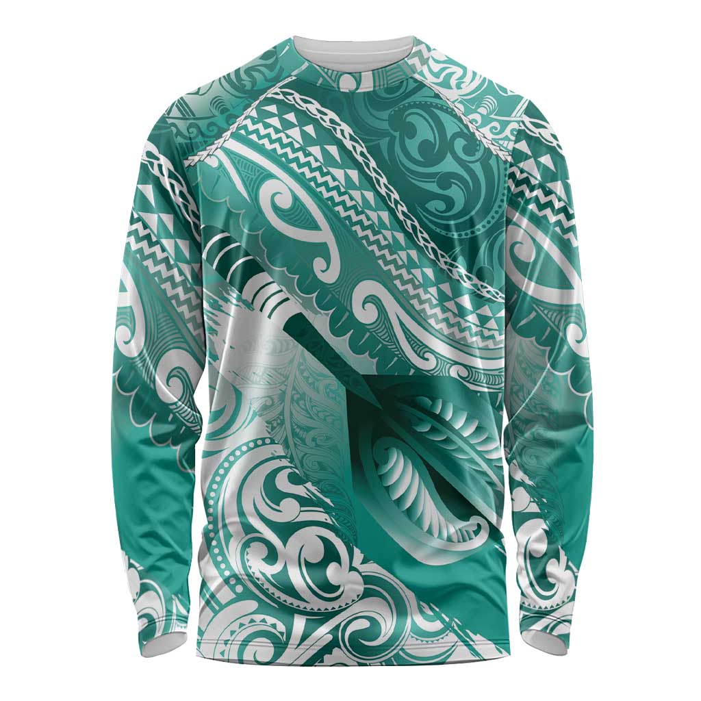 Personalised New Zealand Aotearoa Darts Masters Long Sleeve Shirt Maori Art Tattoo with Tribal Dart Symbol Teal Color - Polynesian Pride