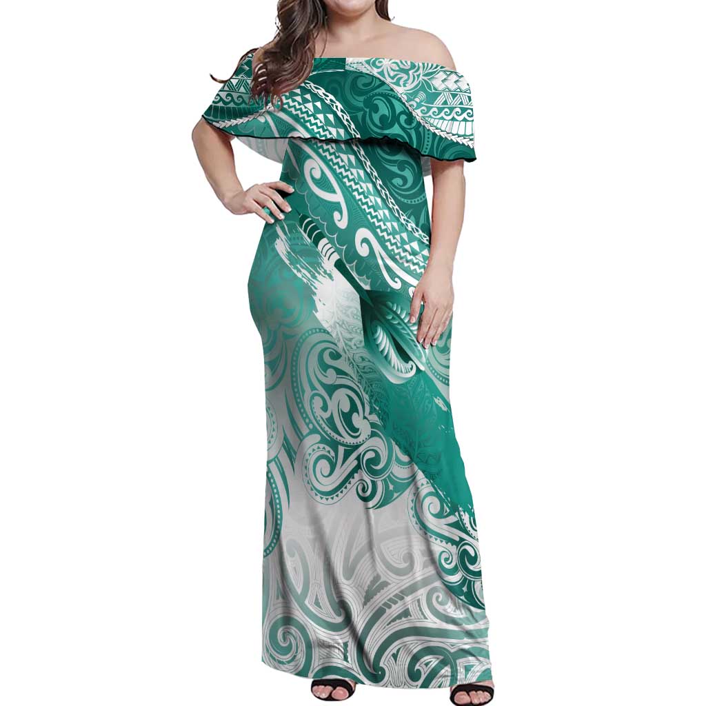 Personalised New Zealand Aotearoa Darts Masters Off Shoulder Maxi Dress Maori Art Tattoo with Tribal Dart Symbol Teal Color - Polynesian Pride