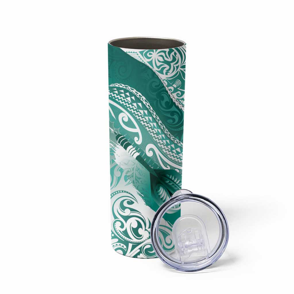 Personalised New Zealand Aotearoa Darts Masters Skinny Tumbler Maori Art Tattoo with Tribal Dart Symbol Teal Color - Polynesian Pride