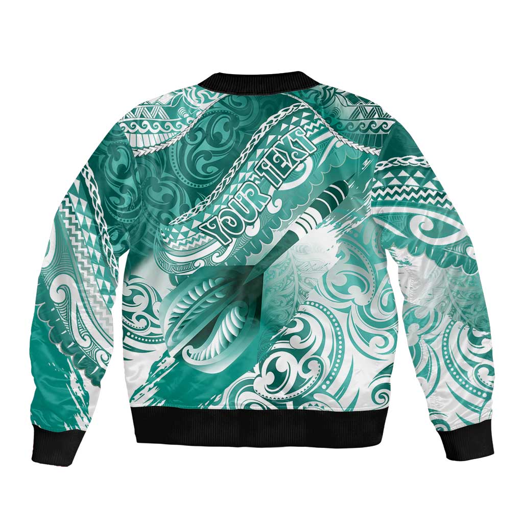 Personalised New Zealand Aotearoa Darts Masters Sleeve Zip Bomber Jacket Maori Art Tattoo with Tribal Dart Symbol Teal Color - Polynesian Pride