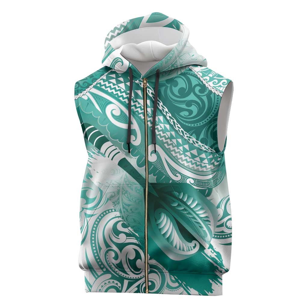 Personalised New Zealand Aotearoa Darts Masters Sleeveless Zip Hoodie Maori Art Tattoo with Tribal Dart Symbol Teal Color - Polynesian Pride