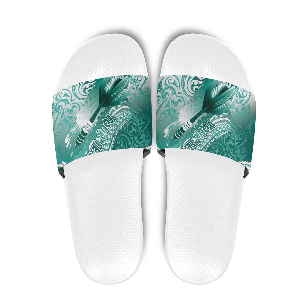 Personalised New Zealand Aotearoa Darts Masters Slide Sandals Maori Art Tattoo with Tribal Dart Symbol Teal Color - Polynesian Pride