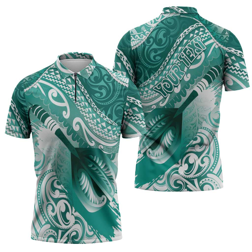 Personalised New Zealand Aotearoa Darts Masters Zipper Polo Shirt Maori Art Tattoo with Tribal Dart Symbol Teal Color - Polynesian Pride