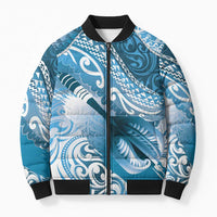 Personalised New Zealand Aotearoa Darts Masters Bomber Puffer Jacket Maori Art Tattoo with Tribal Dart Symbol Blue - Polynesian Pride