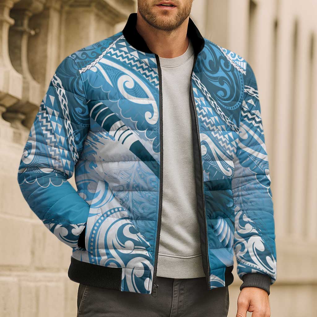 Personalised New Zealand Aotearoa Darts Masters Bomber Puffer Jacket Maori Art Tattoo with Tribal Dart Symbol Blue - Polynesian Pride