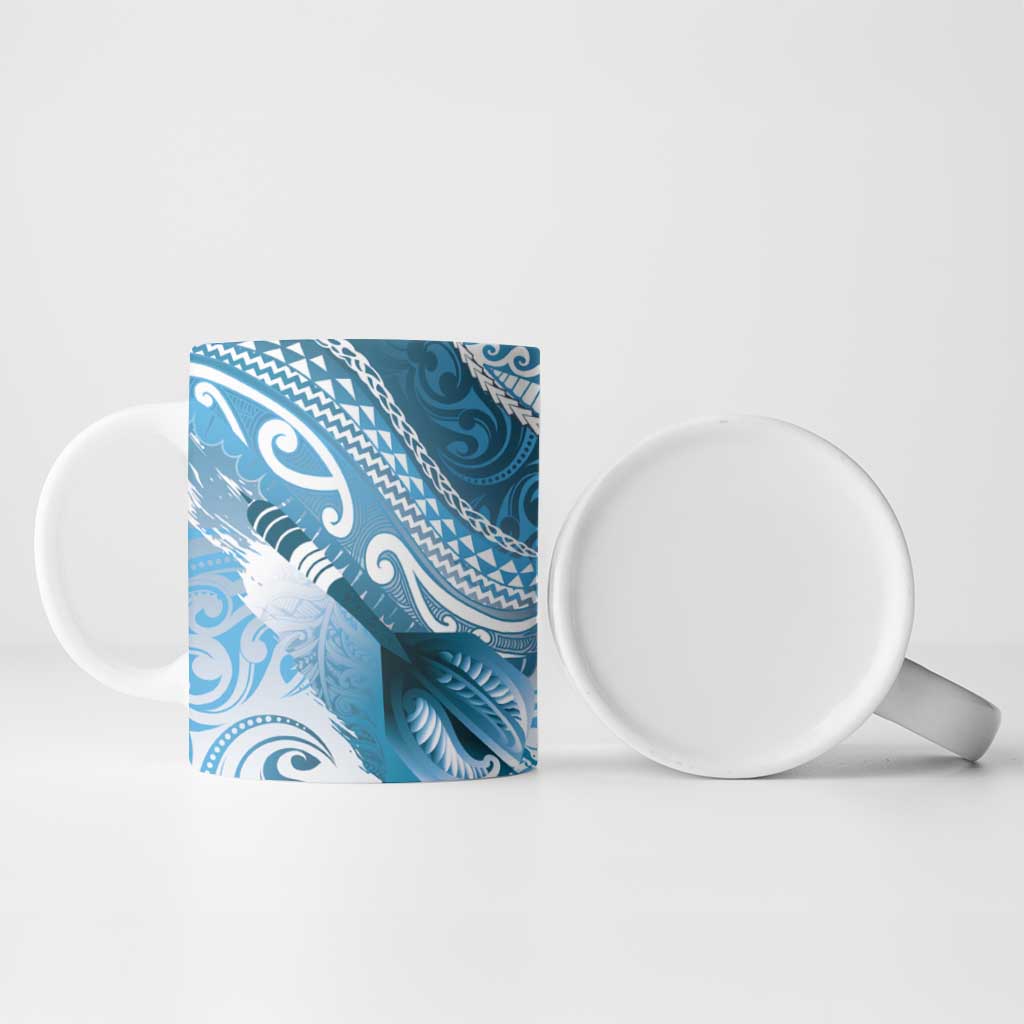 Personalised New Zealand Aotearoa Darts Masters Ceramic Mug Maori Art Tattoo with Tribal Dart Symbol Blue - Polynesian Pride