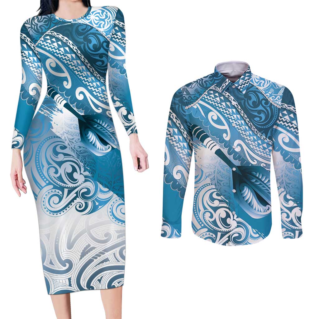 Personalised New Zealand Aotearoa Darts Masters Couples Matching Long Sleeve Bodycon Dress and Long Sleeve Button Shirt Maori Art Tattoo with Tribal Dart Symbol Blue - Polynesian Pride