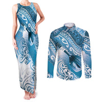 Personalised New Zealand Aotearoa Darts Masters Couples Matching Tank Maxi Dress and Long Sleeve Button Shirt Maori Art Tattoo with Tribal Dart Symbol Blue - Polynesian Pride