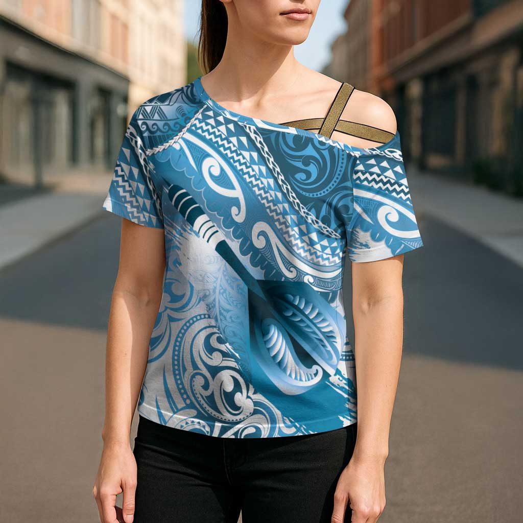 Personalised New Zealand Aotearoa Darts Masters Cross Shoulder Shirt Maori Art Tattoo with Tribal Dart Symbol Blue - Polynesian Pride