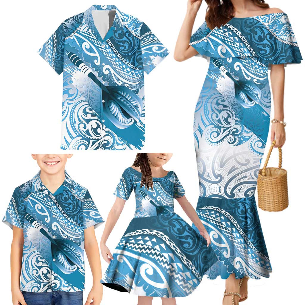 Personalised New Zealand Aotearoa Darts Masters Family Matching Mermaid Dress and Hawaiian Shirt Maori Art Tattoo with Tribal Dart Symbol Blue - Polynesian Pride