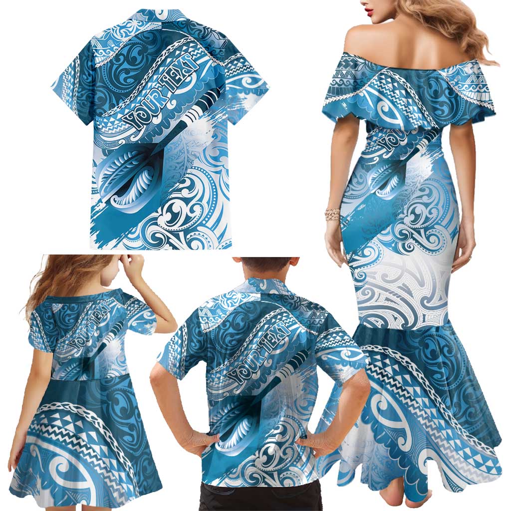 Personalised New Zealand Aotearoa Darts Masters Family Matching Mermaid Dress and Hawaiian Shirt Maori Art Tattoo with Tribal Dart Symbol Blue - Polynesian Pride