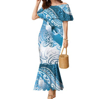 Personalised New Zealand Aotearoa Darts Masters Family Matching Mermaid Dress and Hawaiian Shirt Maori Art Tattoo with Tribal Dart Symbol Blue - Polynesian Pride