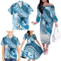 Personalised New Zealand Aotearoa Darts Masters Family Matching Off The Shoulder Long Sleeve Dress and Hawaiian Shirt Maori Art Tattoo with Tribal Dart Symbol Blue - Polynesian Pride