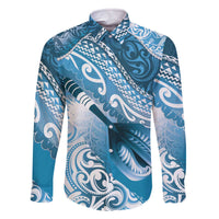 Personalised New Zealand Aotearoa Darts Masters Family Matching Off The Shoulder Long Sleeve Dress and Hawaiian Shirt Maori Art Tattoo with Tribal Dart Symbol Blue - Polynesian Pride