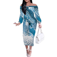 Personalised New Zealand Aotearoa Darts Masters Family Matching Off The Shoulder Long Sleeve Dress and Hawaiian Shirt Maori Art Tattoo with Tribal Dart Symbol Blue - Polynesian Pride