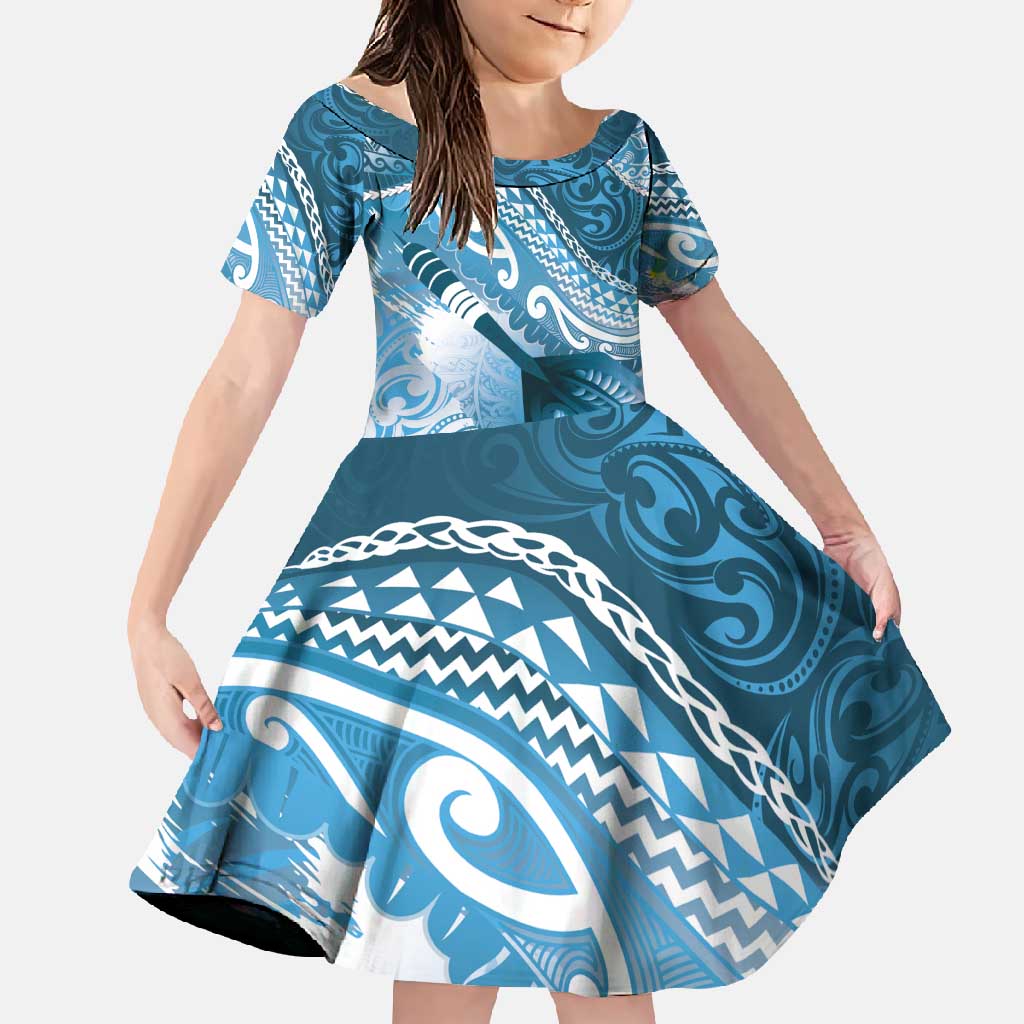 Personalised New Zealand Aotearoa Darts Masters Family Matching Off Shoulder Maxi Dress and Hawaiian Shirt Maori Art Tattoo with Tribal Dart Symbol Blue - Polynesian Pride