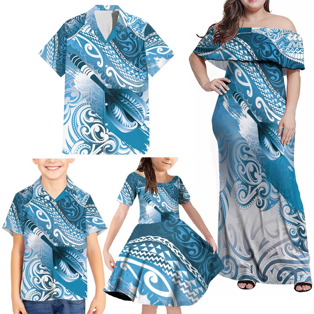 Personalised New Zealand Aotearoa Darts Masters Family Matching Off Shoulder Maxi Dress and Hawaiian Shirt Maori Art Tattoo with Tribal Dart Symbol Blue - Polynesian Pride