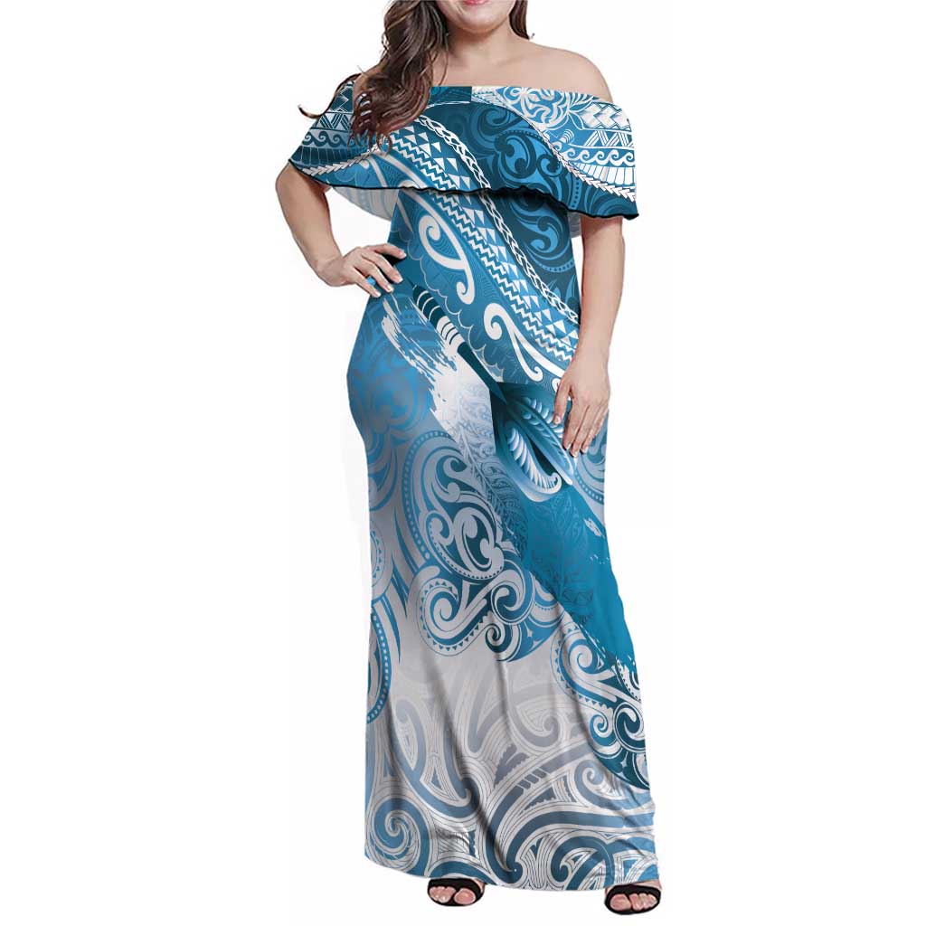 Personalised New Zealand Aotearoa Darts Masters Family Matching Off Shoulder Maxi Dress and Hawaiian Shirt Maori Art Tattoo with Tribal Dart Symbol Blue - Polynesian Pride