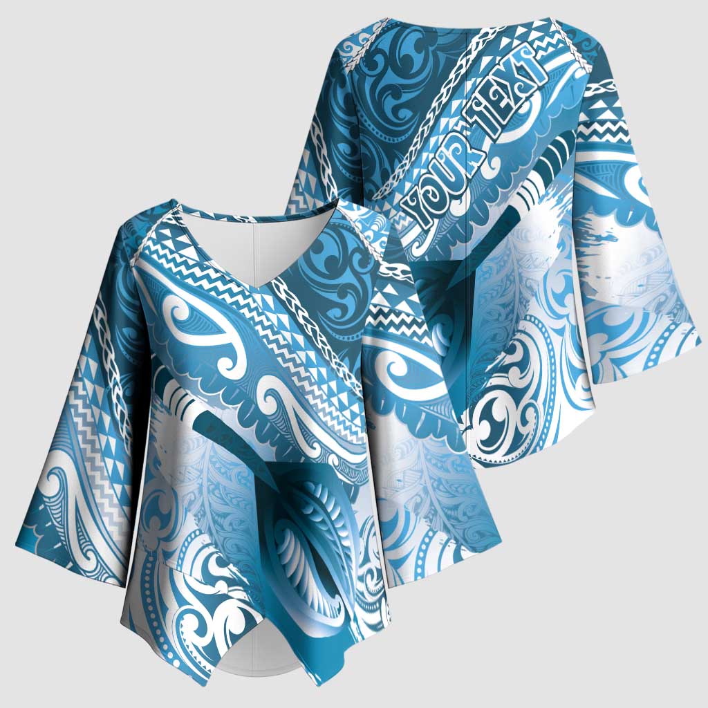 Personalised New Zealand Aotearoa Darts Masters Kimono Sleeve Blouse Maori Art Tattoo with Tribal Dart Symbol Blue - Polynesian Pride