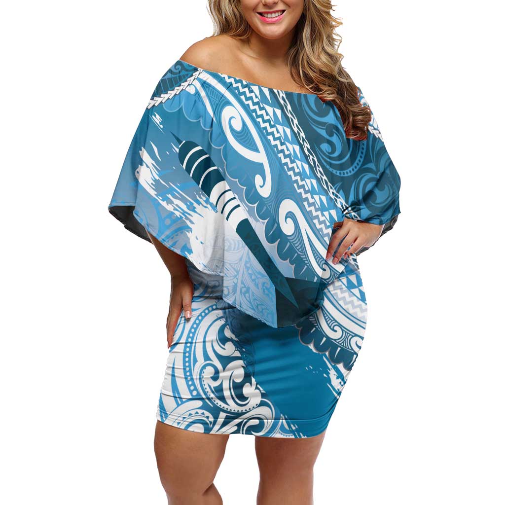 Personalised New Zealand Aotearoa Darts Masters Off Shoulder Short Dress Maori Art Tattoo with Tribal Dart Symbol Blue - Polynesian Pride