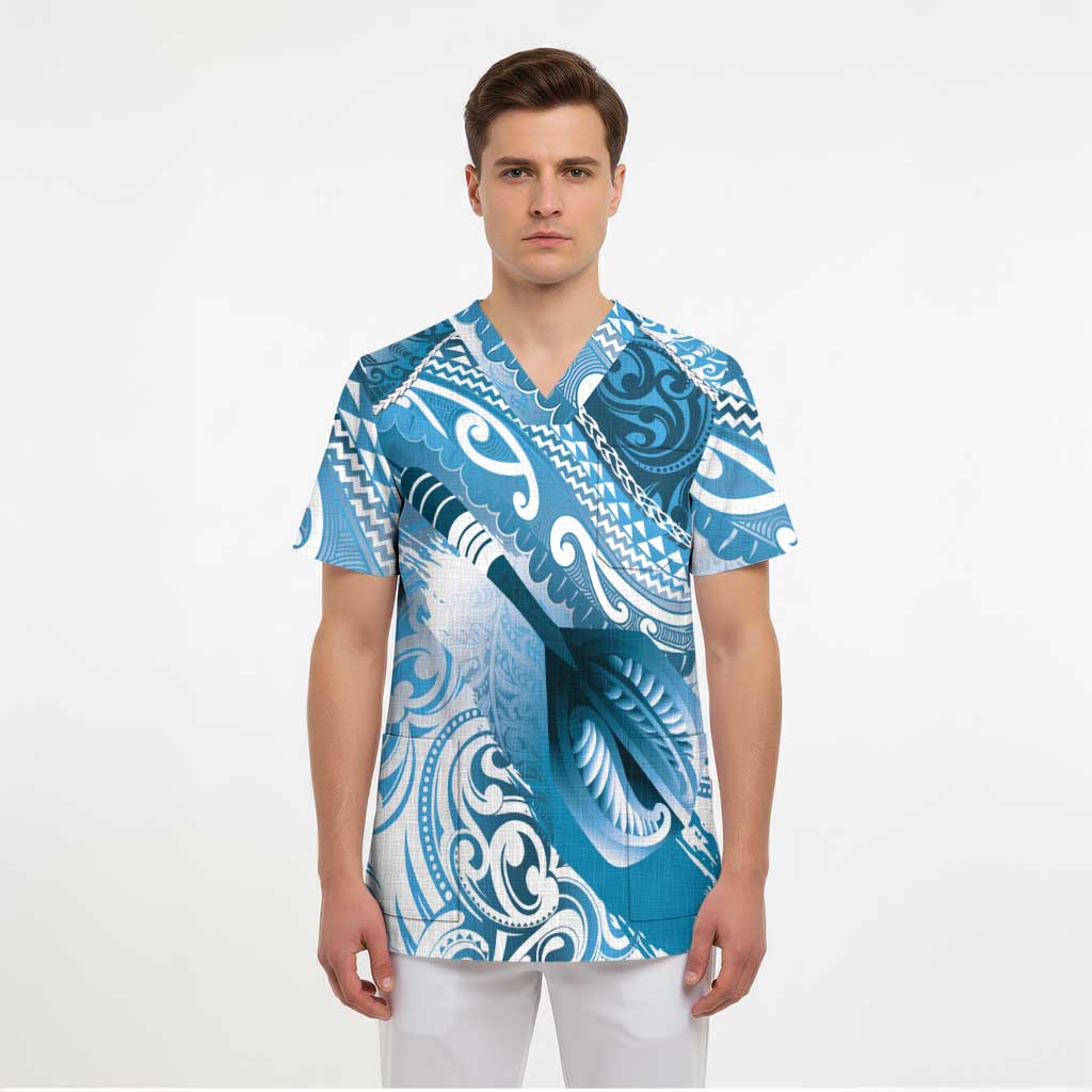 Personalised New Zealand Aotearoa Darts Masters Scrub Top Maori Art Tattoo with Tribal Dart Symbol Blue - Polynesian Pride