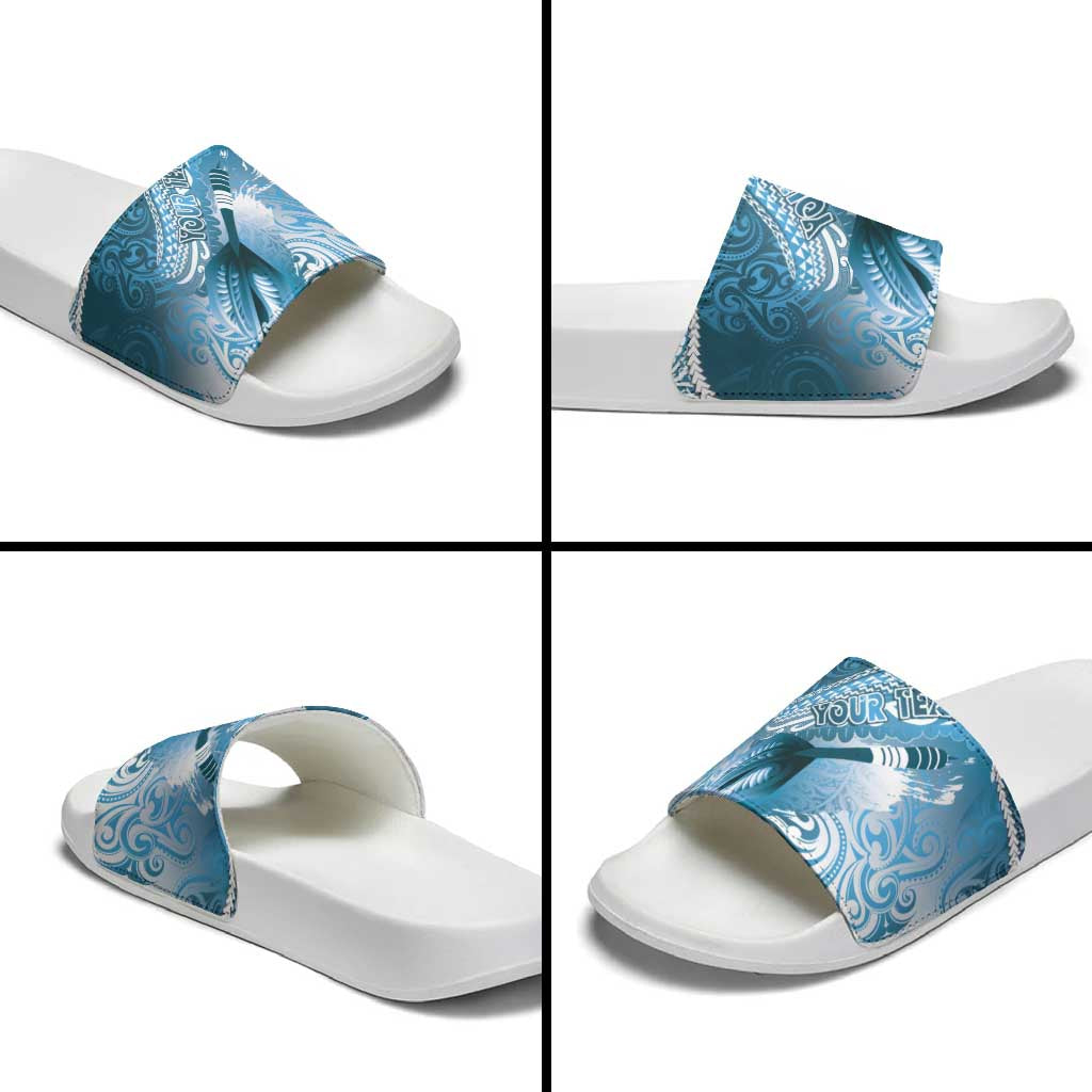 Personalised New Zealand Aotearoa Darts Masters Slide Sandals Maori Art Tattoo with Tribal Dart Symbol Blue - Polynesian Pride