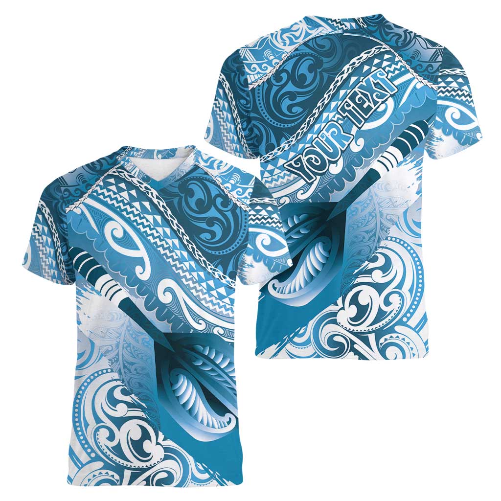 Personalised New Zealand Aotearoa Darts Masters Women V-Neck T-Shirt Maori Art Tattoo with Tribal Dart Symbol Blue - Polynesian Pride