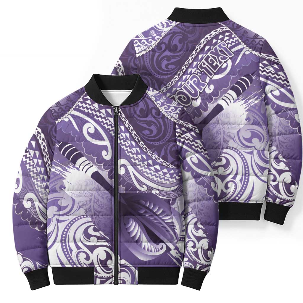 Personalised New Zealand Aotearoa Darts Masters Bomber Puffer Jacket Maori Art Tattoo with Tribal Dart Symbol Purple - Polynesian Pride