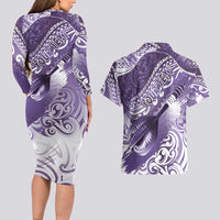 Personalised New Zealand Aotearoa Darts Masters Couples Matching Long Sleeve Bodycon Dress and Hawaiian Shirt Maori Art Tattoo with Tribal Dart Symbol Purple - Polynesian Pride