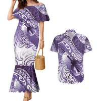 Personalised New Zealand Aotearoa Darts Masters Couples Matching Mermaid Dress and Hawaiian Shirt Maori Art Tattoo with Tribal Dart Symbol Purple - Polynesian Pride