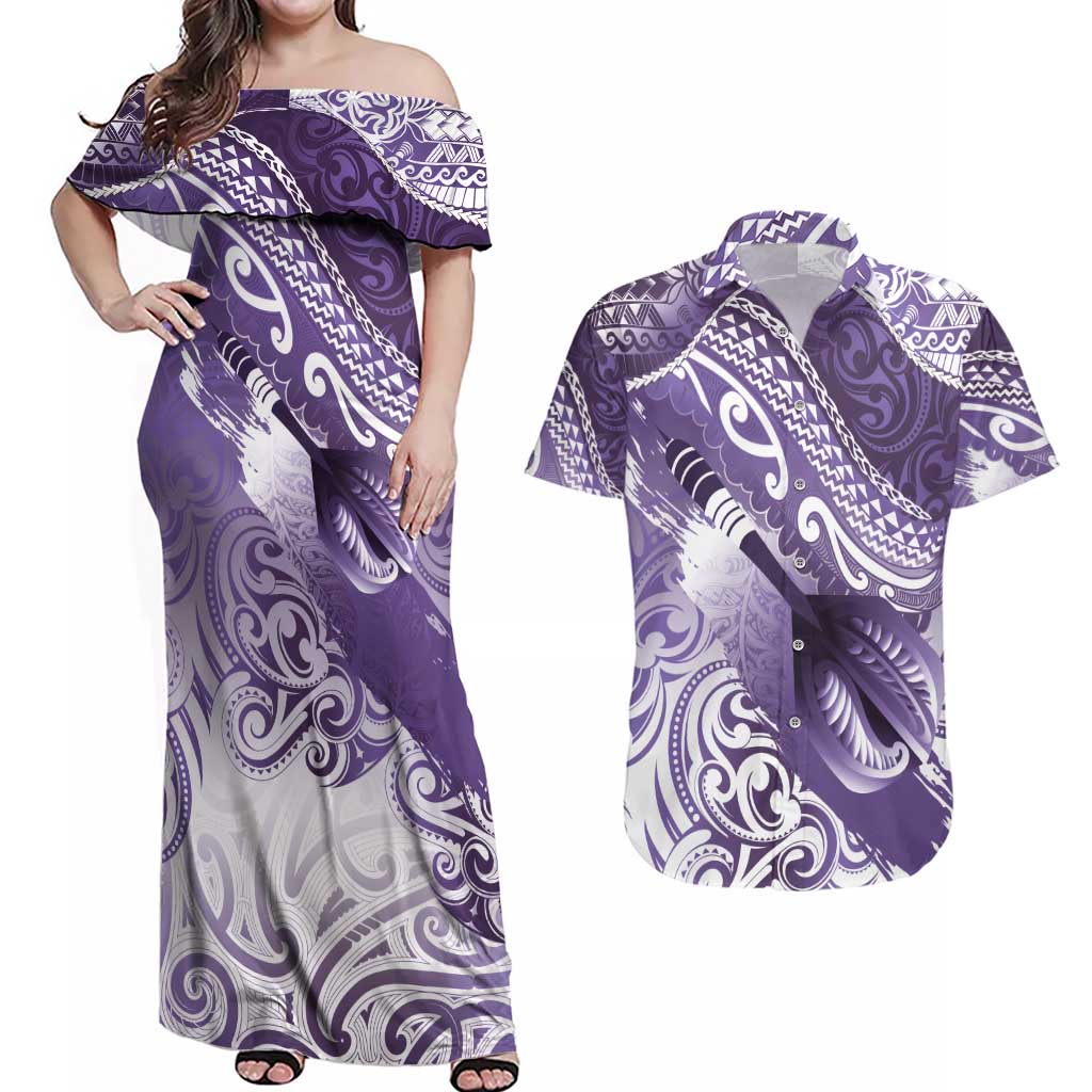 Personalised New Zealand Aotearoa Darts Masters Couples Matching Off Shoulder Maxi Dress and Hawaiian Shirt Maori Art Tattoo with Tribal Dart Symbol Purple - Polynesian Pride