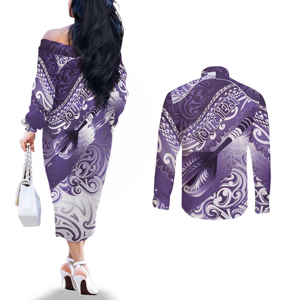 Personalised New Zealand Aotearoa Darts Masters Couples Matching Off The Shoulder Long Sleeve Dress and Long Sleeve Button Shirt Maori Art Tattoo with Tribal Dart Symbol Purple - Polynesian Pride