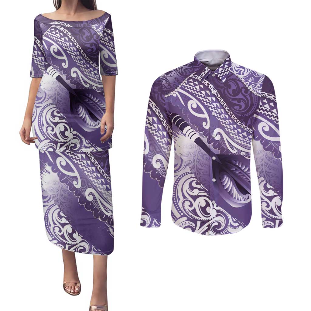 Personalised New Zealand Aotearoa Darts Masters Couples Matching Puletasi and Long Sleeve Button Shirt Maori Art Tattoo with Tribal Dart Symbol Purple - Polynesian Pride