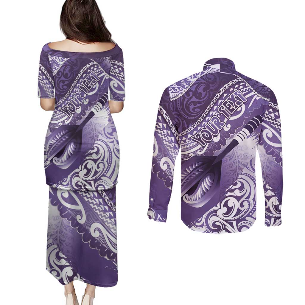 Personalised New Zealand Aotearoa Darts Masters Couples Matching Puletasi and Long Sleeve Button Shirt Maori Art Tattoo with Tribal Dart Symbol Purple - Polynesian Pride