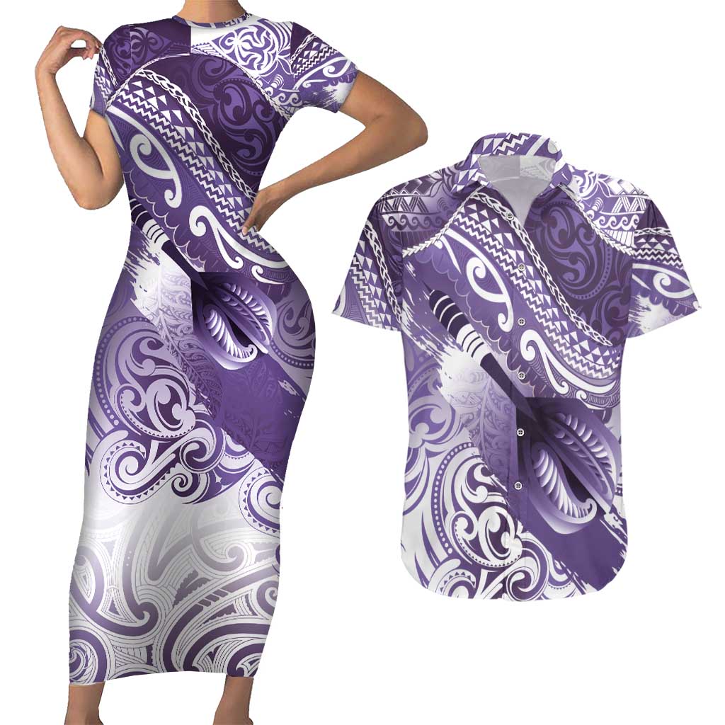 Personalised New Zealand Aotearoa Darts Masters Couples Matching Short Sleeve Bodycon Dress and Hawaiian Shirt Maori Art Tattoo with Tribal Dart Symbol Purple - Polynesian Pride