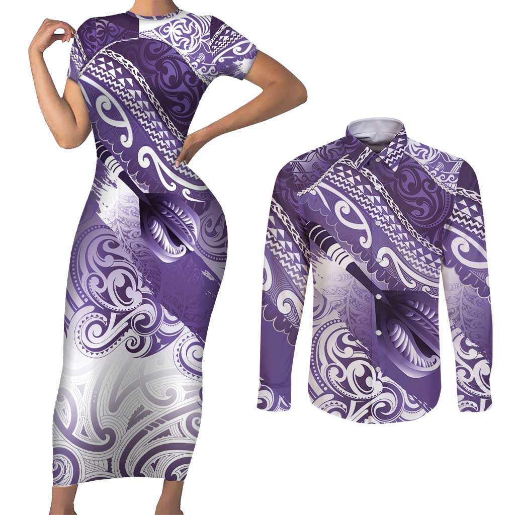 Personalised New Zealand Aotearoa Darts Masters Couples Matching Short Sleeve Bodycon Dress and Long Sleeve Button Shirt Maori Art Tattoo with Tribal Dart Symbol Purple - Polynesian Pride