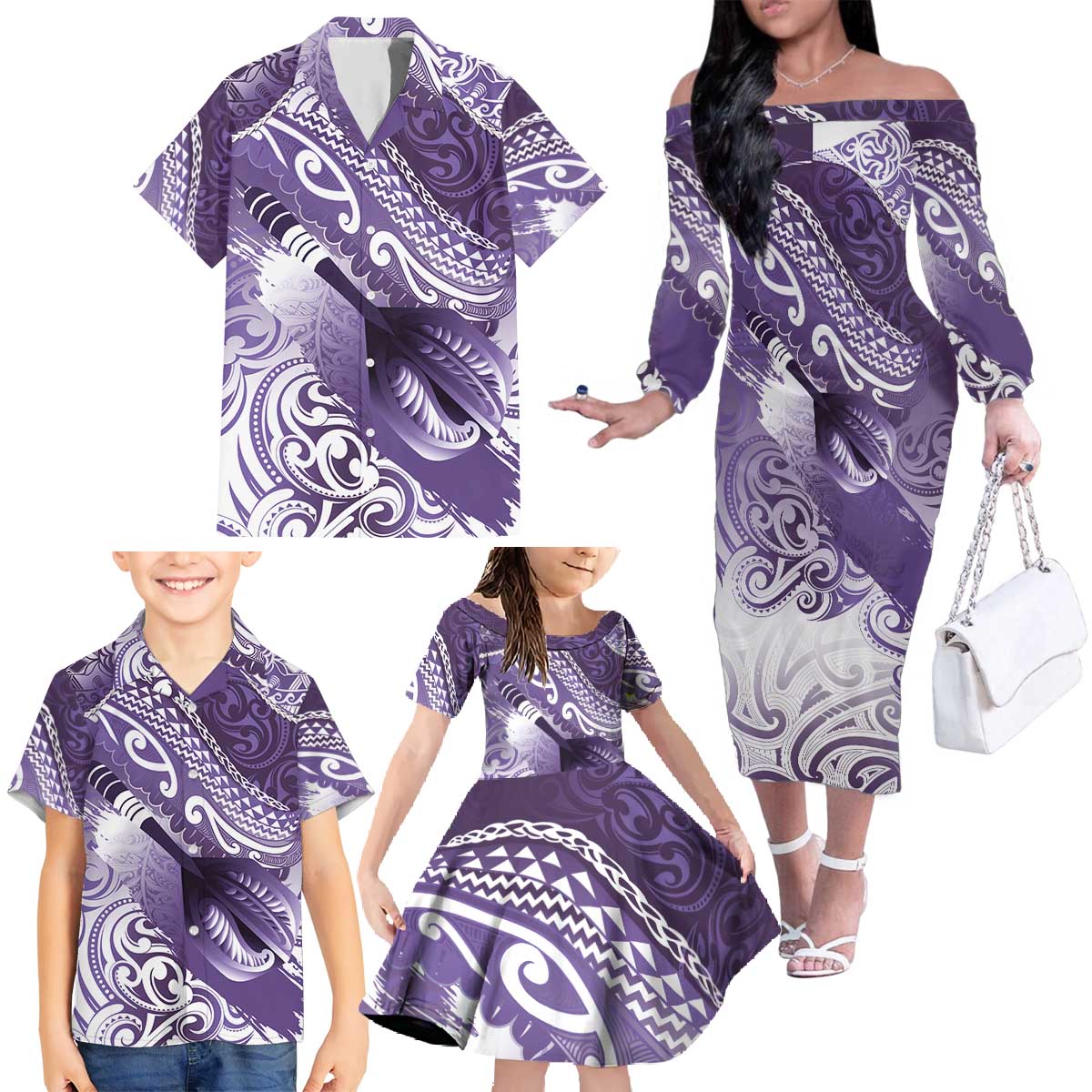 Personalised New Zealand Aotearoa Darts Masters Family Matching Off The Shoulder Long Sleeve Dress and Hawaiian Shirt Maori Art Tattoo with Tribal Dart Symbol Purple - Polynesian Pride