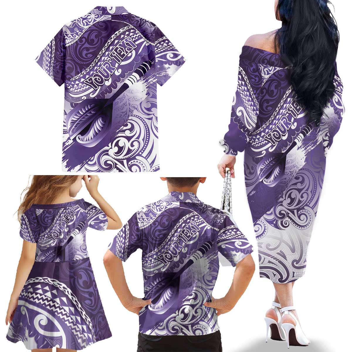 Personalised New Zealand Aotearoa Darts Masters Family Matching Off The Shoulder Long Sleeve Dress and Hawaiian Shirt Maori Art Tattoo with Tribal Dart Symbol Purple - Polynesian Pride