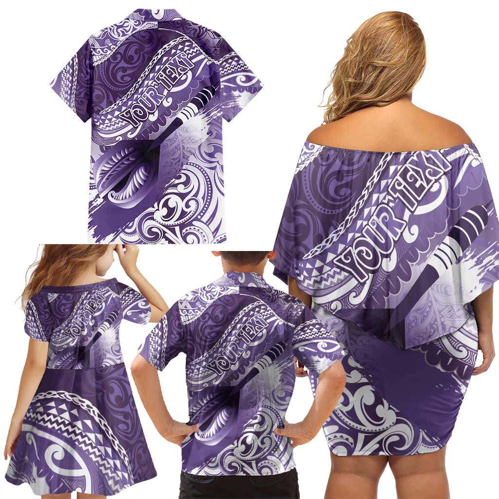 Personalised New Zealand Aotearoa Darts Masters Family Matching Off Shoulder Short Dress and Hawaiian Shirt Maori Art Tattoo with Tribal Dart Symbol Purple - Polynesian Pride