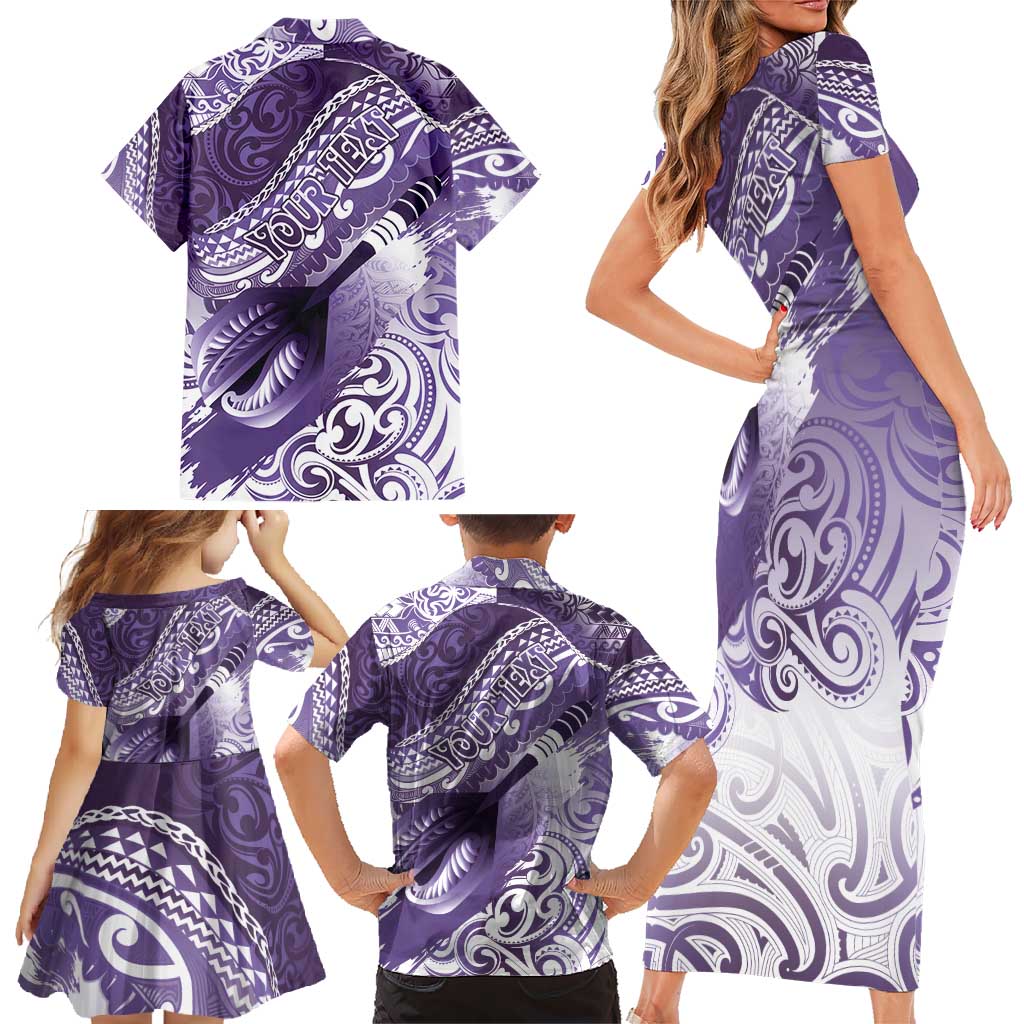 Personalised New Zealand Aotearoa Darts Masters Family Matching Short Sleeve Bodycon Dress and Hawaiian Shirt Maori Art Tattoo with Tribal Dart Symbol Purple - Polynesian Pride
