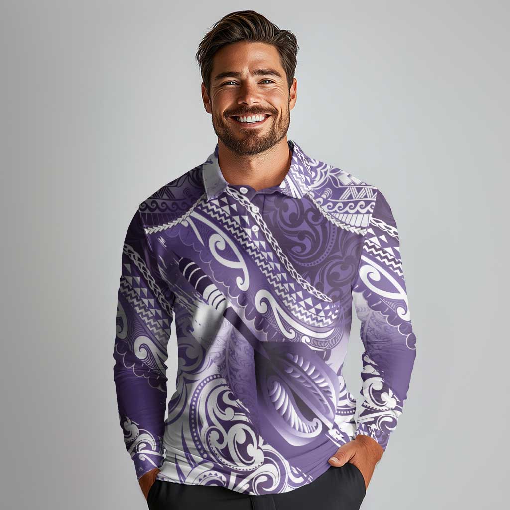 Personalised New Zealand Aotearoa Darts Masters Long Sleeve Polo Shirt Maori Art Tattoo with Tribal Dart Symbol Purple - Polynesian Pride