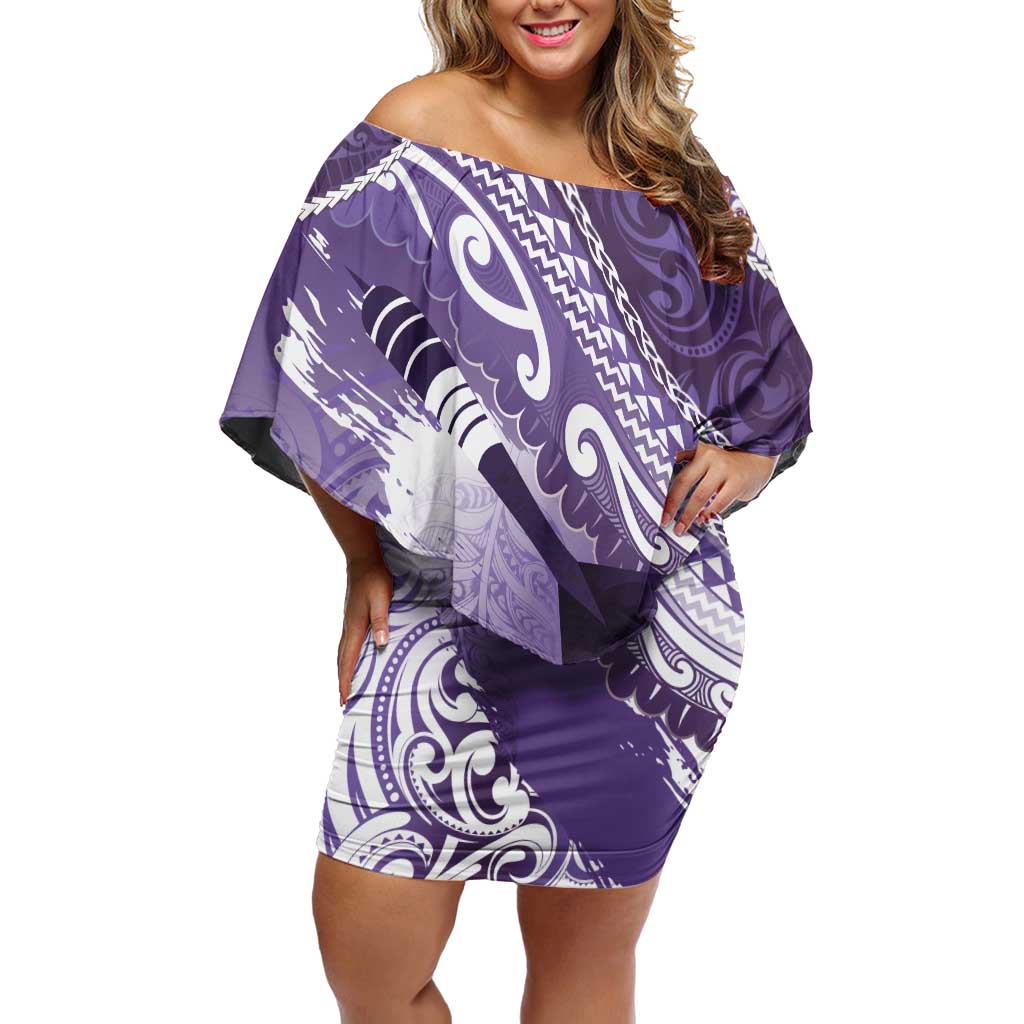 Personalised New Zealand Aotearoa Darts Masters Off Shoulder Short Dress Maori Art Tattoo with Tribal Dart Symbol Purple - Polynesian Pride