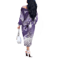 Personalised New Zealand Aotearoa Darts Masters Off The Shoulder Long Sleeve Dress Maori Art Tattoo with Tribal Dart Symbol Purple - Polynesian Pride
