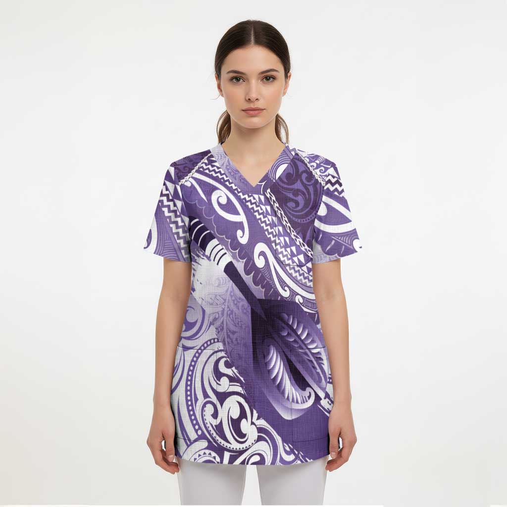 Personalised New Zealand Aotearoa Darts Masters Scrub Top Maori Art Tattoo with Tribal Dart Symbol Purple - Polynesian Pride