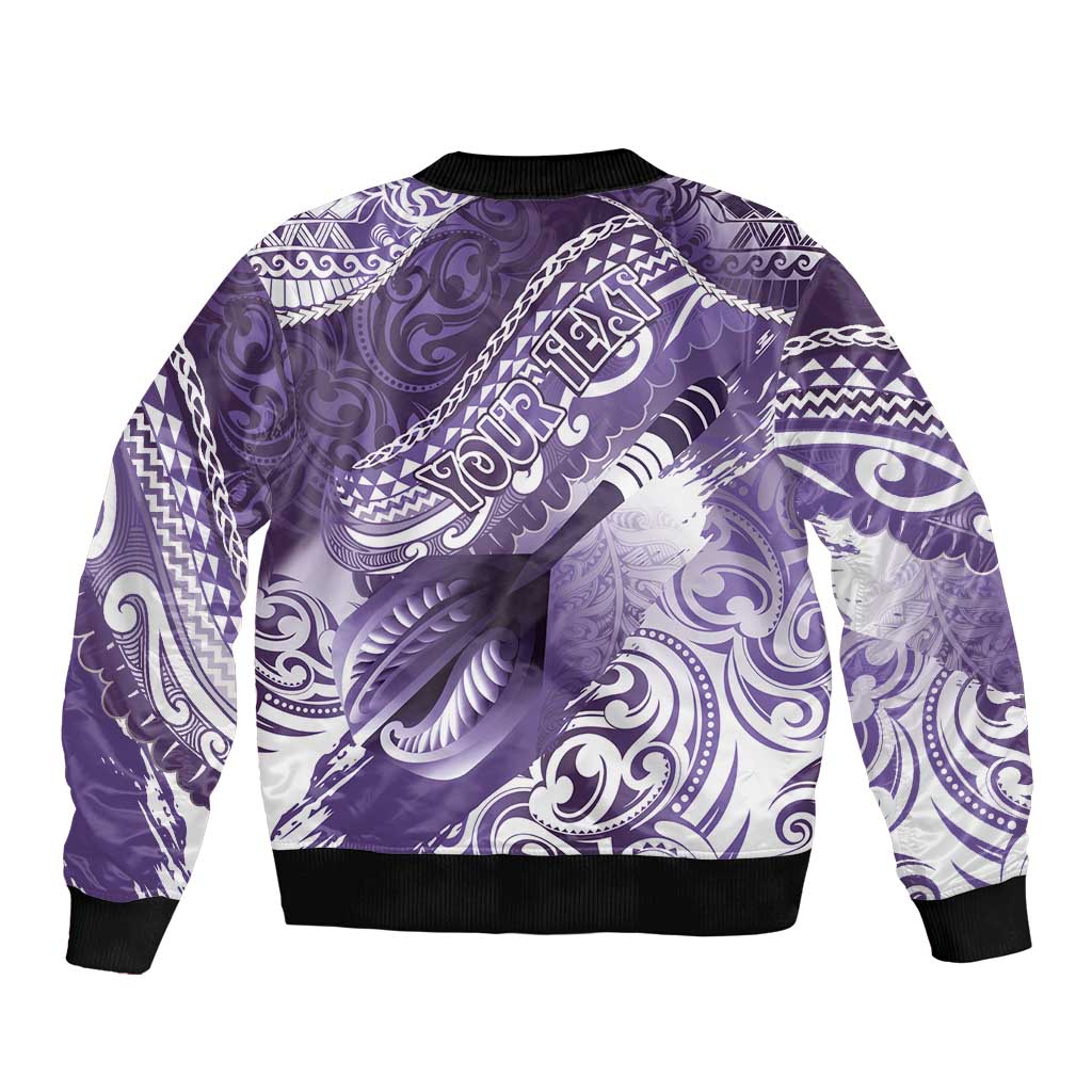 Personalised New Zealand Aotearoa Darts Masters Sleeve Zip Bomber Jacket Maori Art Tattoo with Tribal Dart Symbol Purple - Polynesian Pride