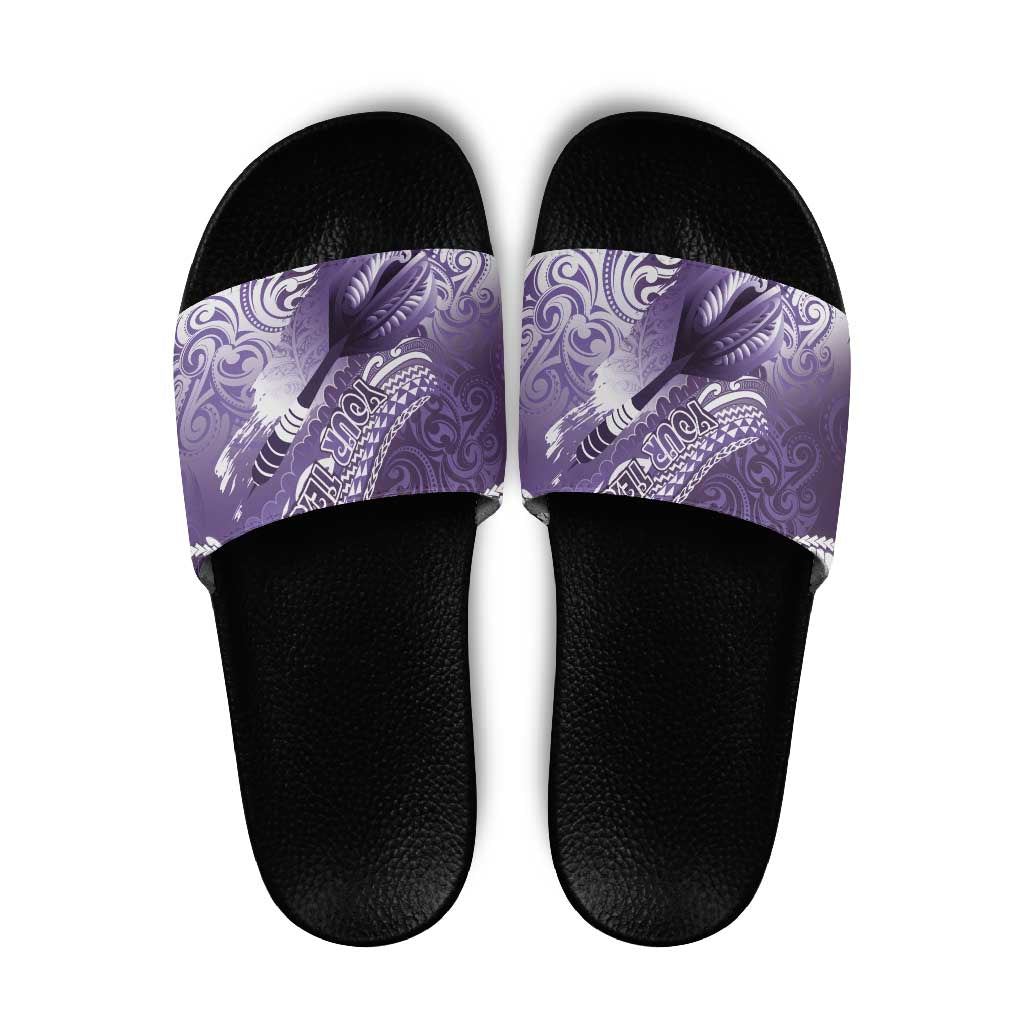 Personalised New Zealand Aotearoa Darts Masters Slide Sandals Maori Art Tattoo with Tribal Dart Symbol Purple - Polynesian Pride