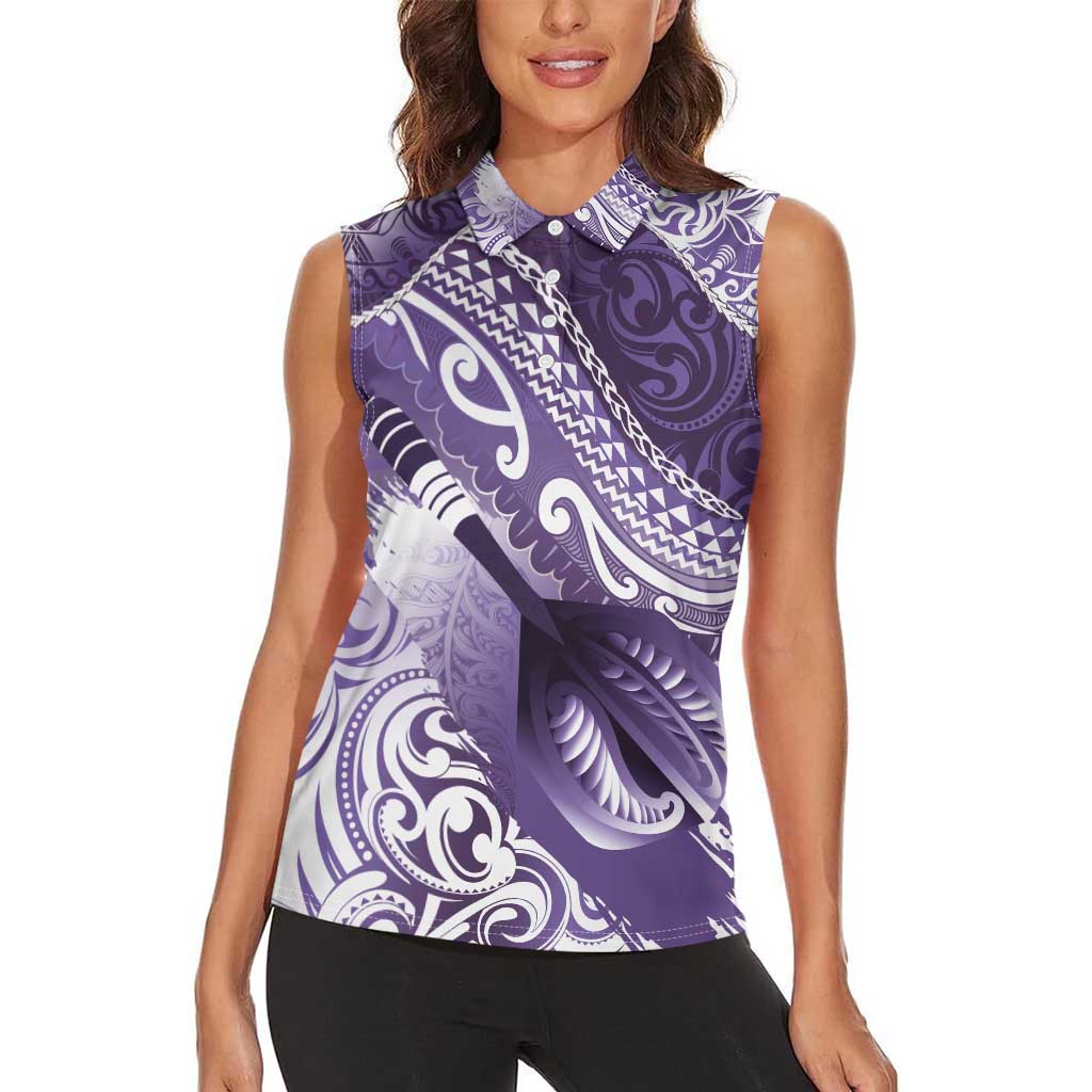 Personalised New Zealand Aotearoa Darts Masters Women Sleeveless Polo Shirt Maori Art Tattoo with Tribal Dart Symbol Purple - Polynesian Pride