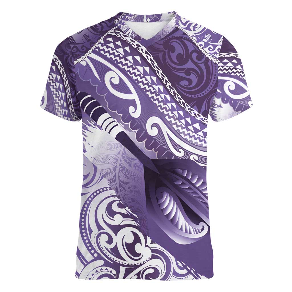 Personalised New Zealand Aotearoa Darts Masters Women V-Neck T-Shirt Maori Art Tattoo with Tribal Dart Symbol Purple - Polynesian Pride