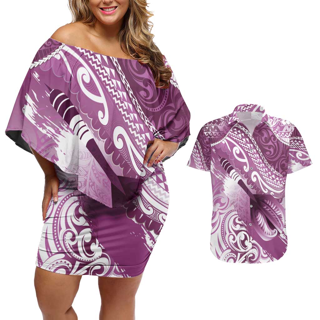 Personalised New Zealand Aotearoa Darts Masters Couples Matching Off Shoulder Short Dress and Hawaiian Shirt Maori Art Tattoo with Tribal Dart Symbol Pink - Polynesian Pride